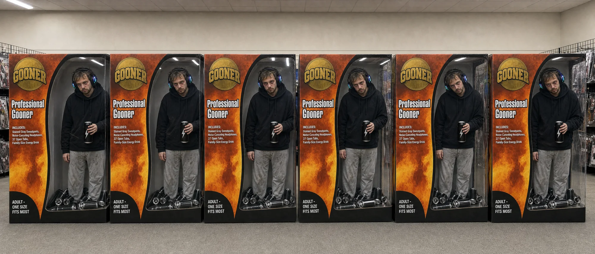 Six identical Professional Gooner costume boxes in a row on a store shelf